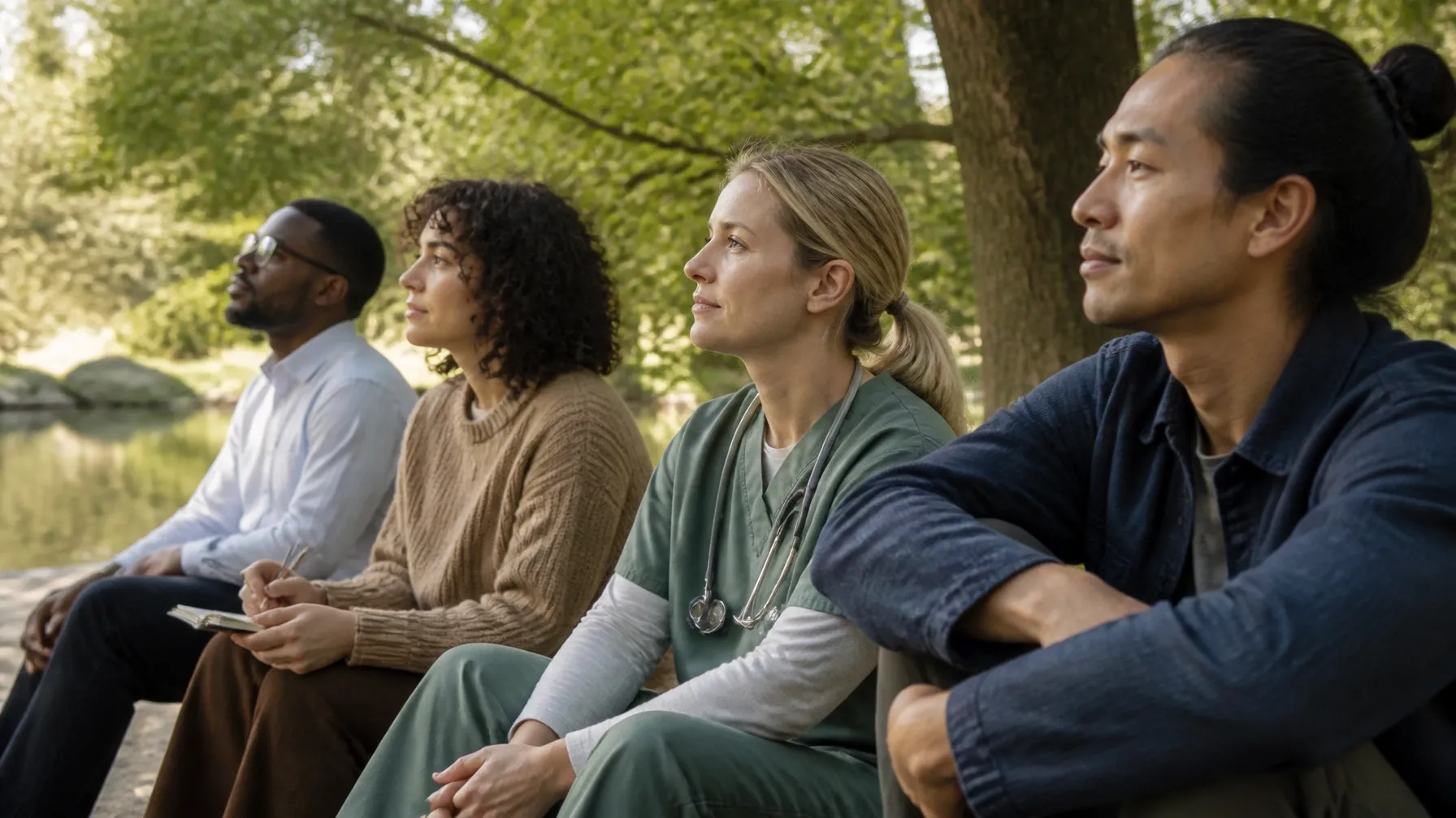 A small group of people gathered in soft natural light