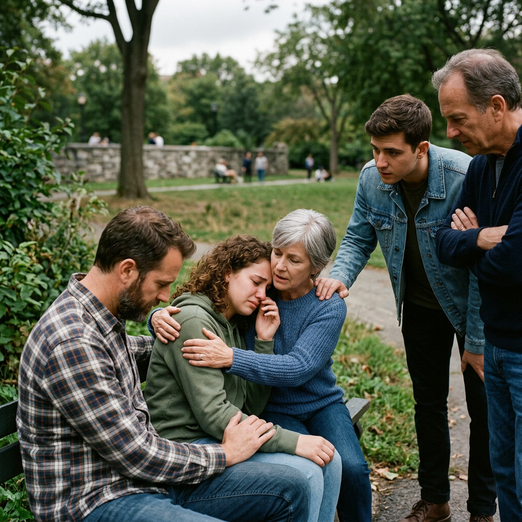 Young woman crying surrounded by four family members offering comfort in a park